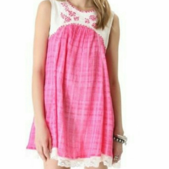 NWT Free People Strawberry Fields Mini Dress in Hot Pink M - Picture 1 of 4